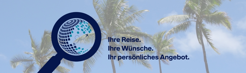 symbolbild header für ki erstellte reiseangebote lupe mit weltkugel und schrift ihre reise ihre wünsche ihr persönliches angebot